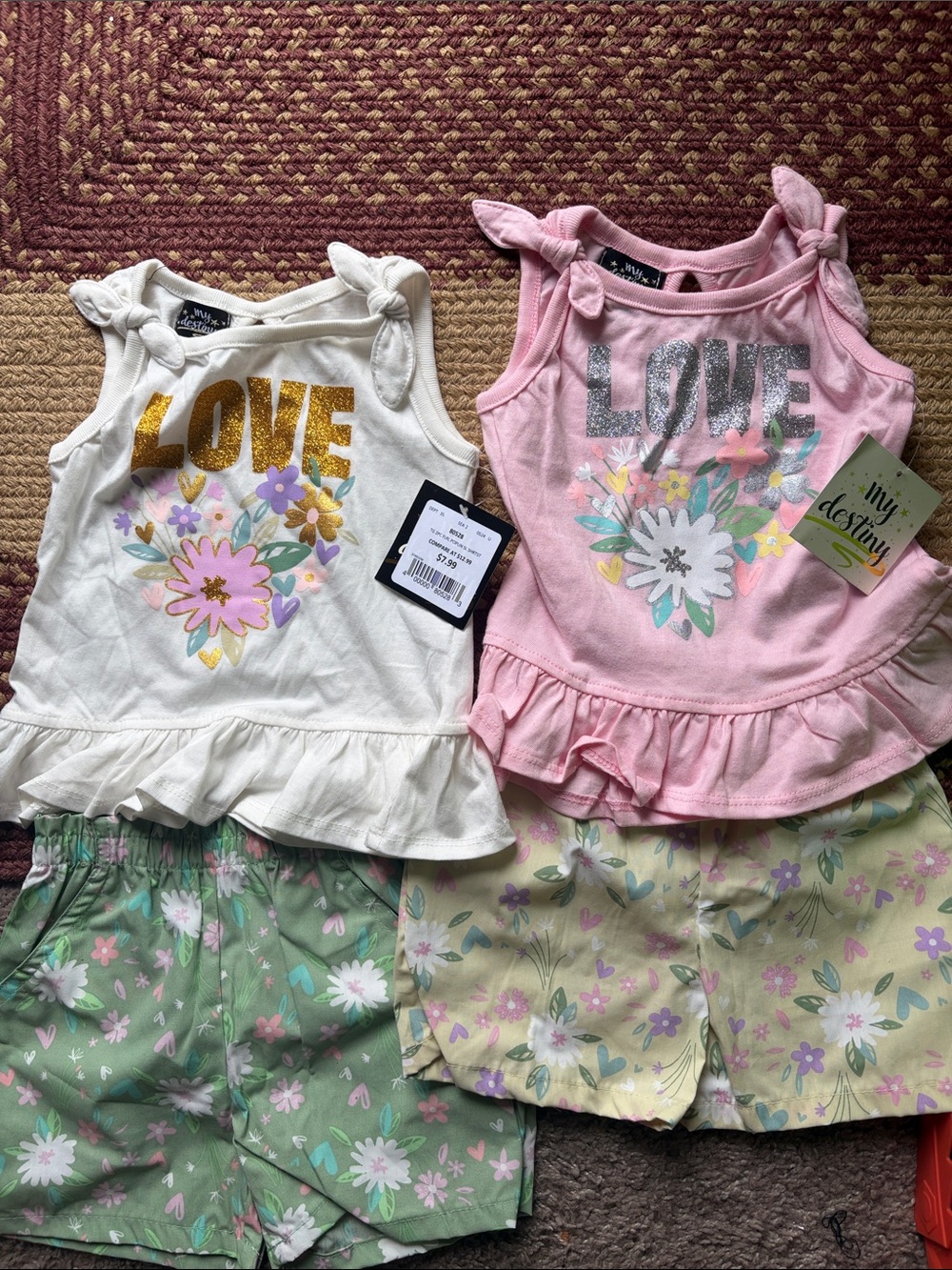 Girls' Pink & White 'LOVE' Floral Matching Tank and Short Sets